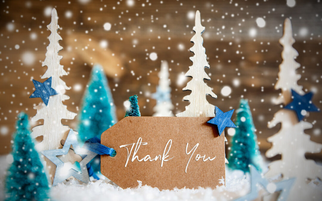 Blue and white wooden fir trees and stars sit on a snowy table with a card that says “thank you”